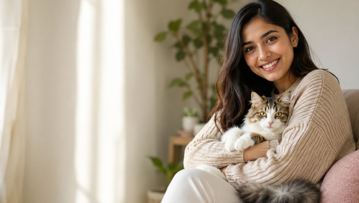 An Indian woman smiling while holding her pet cat at home