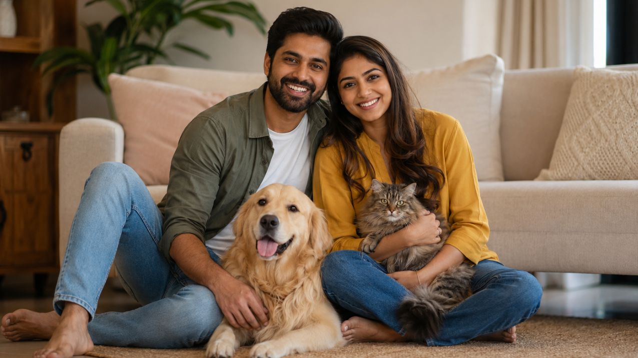 An Indian couple relaxing on a sofa with their pet dog